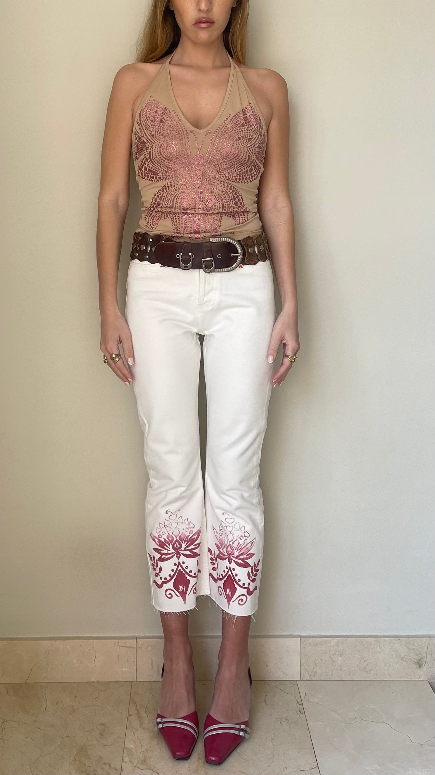 White Jeans with Red Design