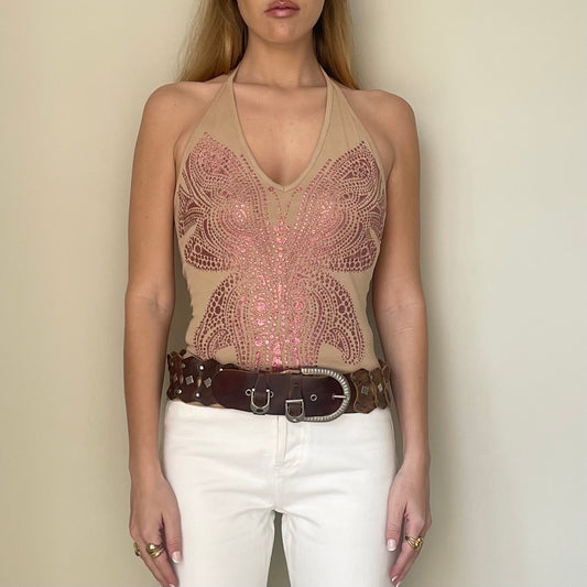 Vintage Beige Halter Top with Sparkling Pink Butterfly