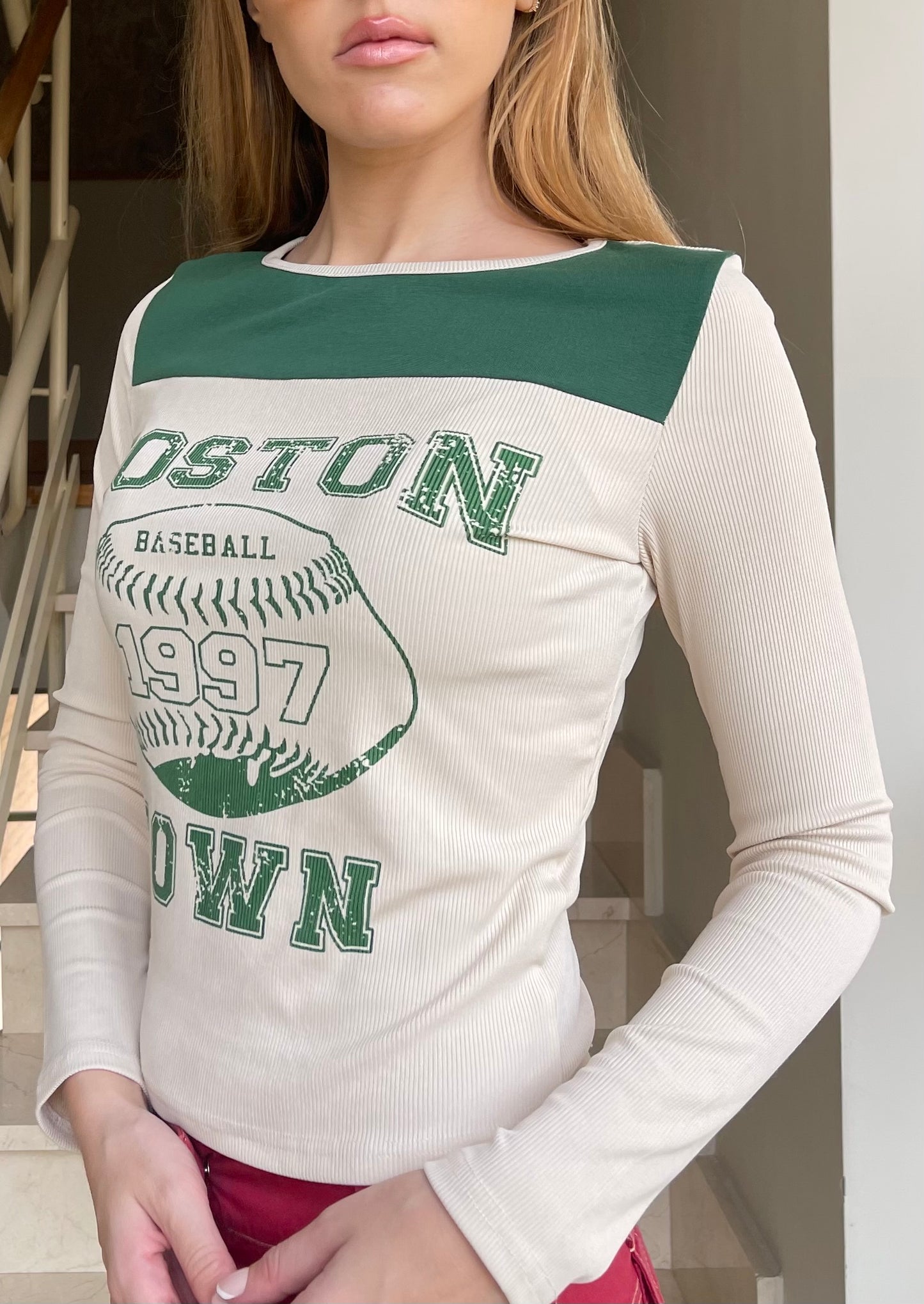 American Style Long Sleeved Green & White Tee