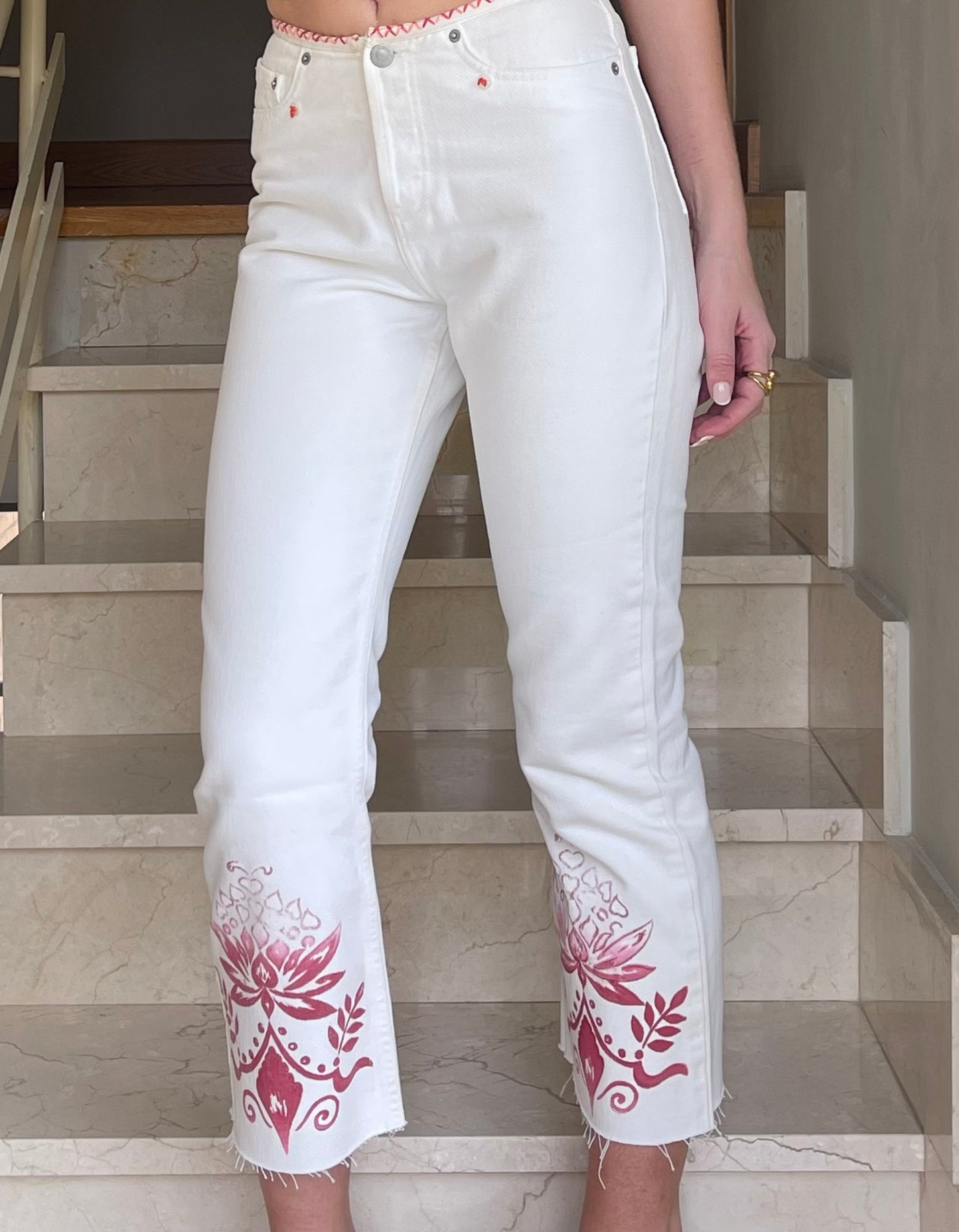 White Jeans with Red Design